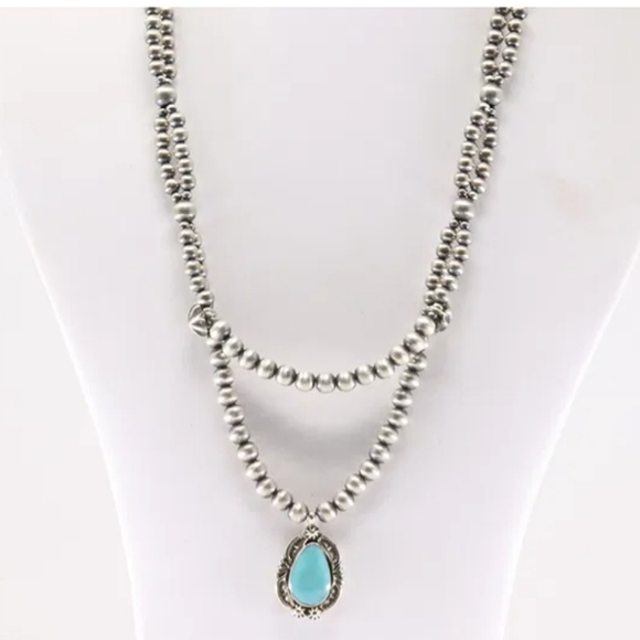 Native America Navajo Sterling Silver Double Strand Pearl Beaded Turquoise Neckl